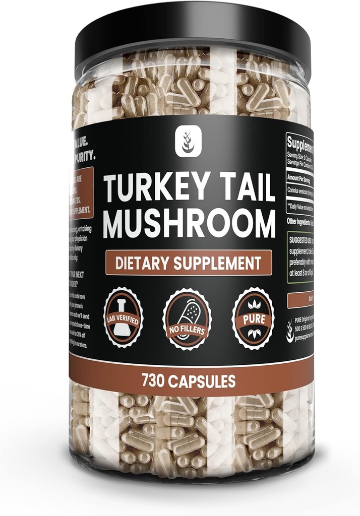 PURE ORIGINAL INGREDIENTS Turkey Tail Mushroom (730 Capsules) No Magnesium Or Rice Fillers, Always Pure, Lab Verified