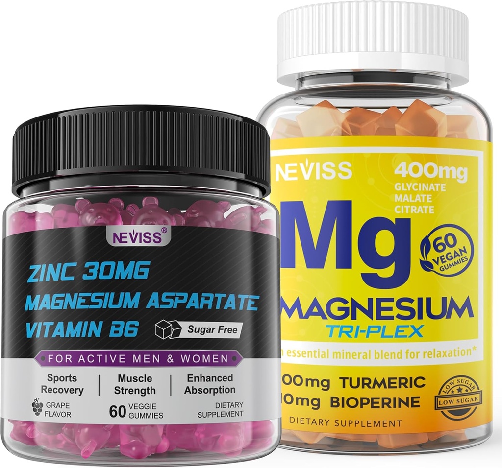 NEVISS Magnesium Gummies with Turmeric 300mg + Zinc and Magnesium Supplement with Vitamin B6, B12, D3, Turmeric