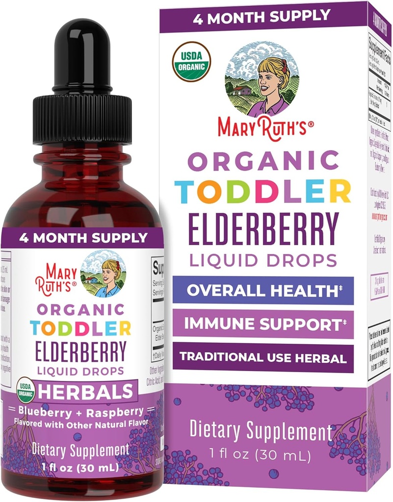 MaryRuth Organics Toddler Elderberry Syrup, USDA Organic Elderberry, Sugar Free Kids Immune Support Supplement for Ages 1-3 Years, Clean Label Project Verified®, Vegan, Non-GMO, Gluten Free, 1 Fl Oz