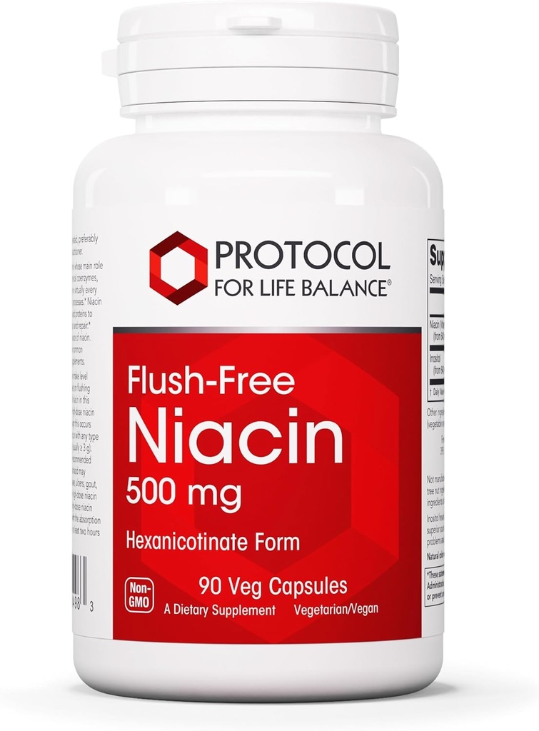 Protocol Niacin 500mg - Inositol Hexanicotinate - No Flush Niacin - Vitamin B3 - Energy & Metabolism Support* - Vegan & Kosher - 90 Veg Caps