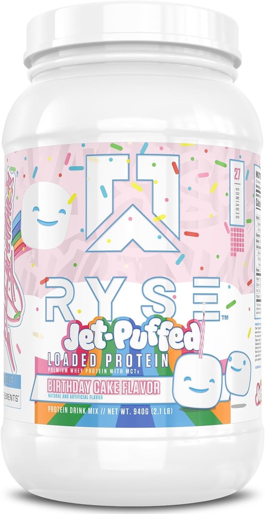 RYSE Loaded Protein Powder - Jet-Puffed Birthday Cake - 25g Whey Protein Isolate & Concentrate with Prebiotic Fiber & MCTs - Low Carb, Low Sugar, Digestive-Friendly - 27 Servings / 2 lb Tub