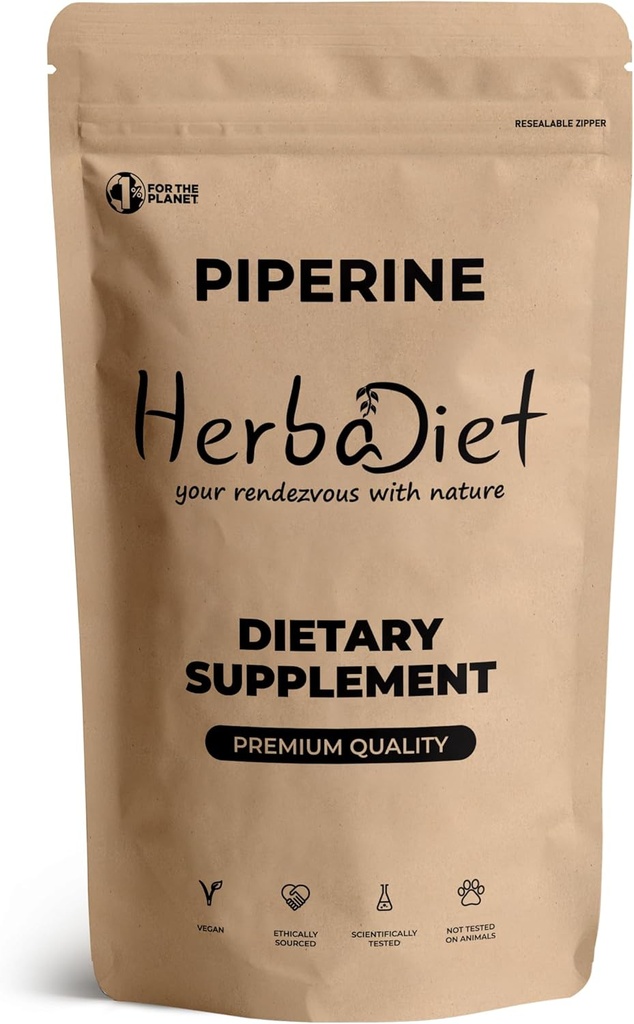 Herbadiet Piperine 95% Powder | Black Pepper Extract Powder 95% by Hplc | Bioavailability Enhancer, Boosts Nutrients Uptake| Gluten Free, Non-GMO Bulk Supplement (0.35 oz / 10 gm)