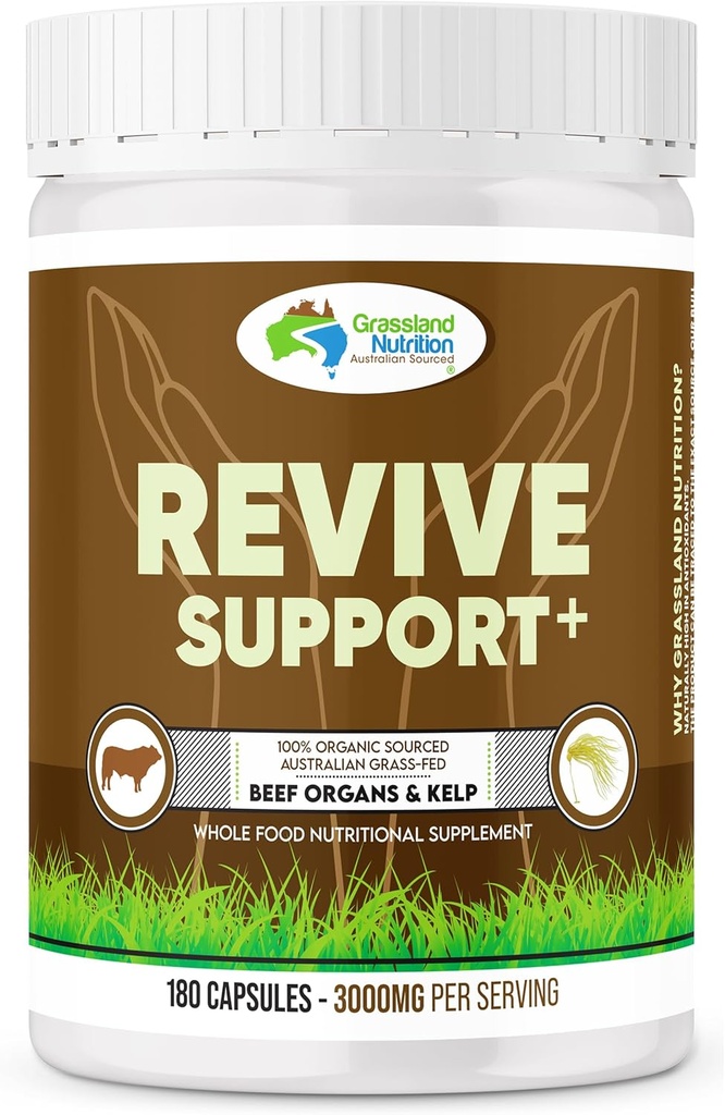 GRASSLAND NUTRITION 100% Organic Australian: Revive Support Beef Organ Blend - Natural B12, Iodine, Iron & Vitamin A (180 Capsules)
