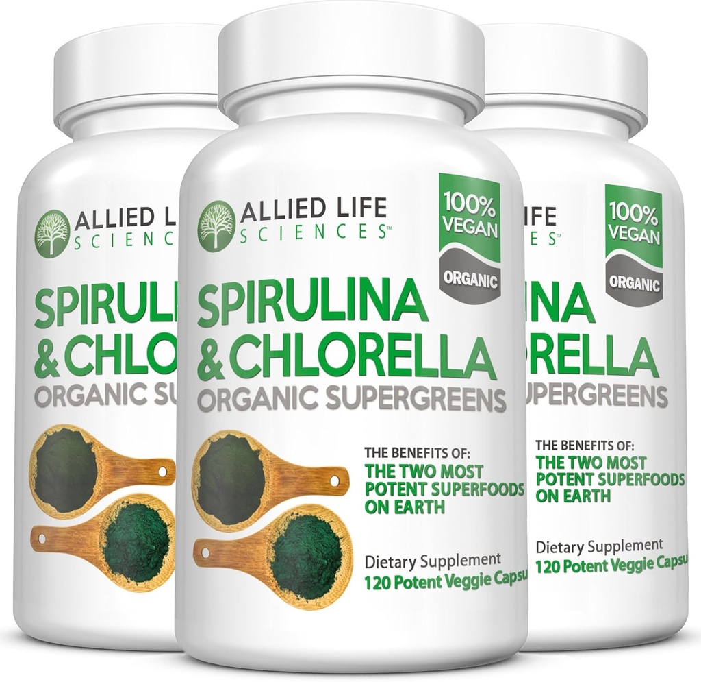 Allied Life Spirulina and Chlorella | Organic Chlorophyll Vegan Protein Powder Green Superfood Capsules | Natural Immune Support (3 Bottle Pack)