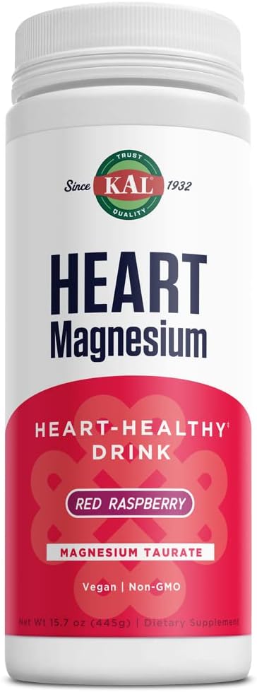 KAL Heart Magnesium Drink Mix, Red Raspberry Magnesium Taurate Powder Heart Health Supplements for Inflammation, Sugar Free, Vegan, 100 Servings, 15.7 oz