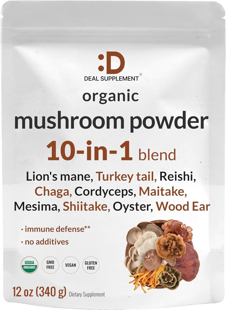 DEAL SUPPLEMENT Organic Mushroom Powder Supplement, 12oz – 10 in 1 Active Blend – Shiitake, Lions Mane, Cordyceps, Chaga, with More –Supports Immune, Energy, & Brain Health – Non-GMO, Vegan