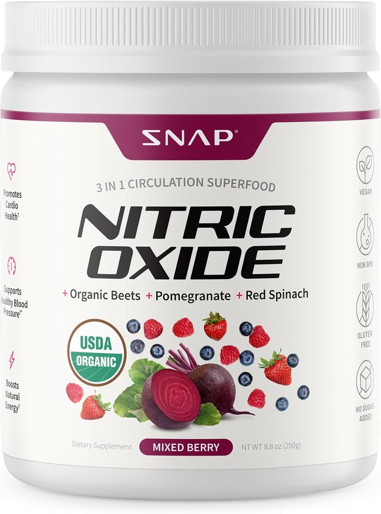 Snap Supplements Organic Beet Root Nitric Oxide Powder - Supports Energy and Healthy Circulation, 8.8 oz (30 Servings, 1 Month Supply), Mixed Berry
