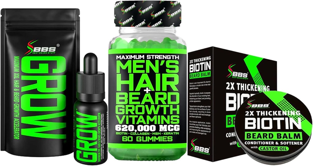 Beard Growth Kit w/ 2X Thickening Biotin Beard Balm for Men & Mustache Wax + Grow Mustache Serum & Facial Hair Oil + 14-in-1 Biotin Gummies & Hair Growth Vitamins for Men - Formulated in America