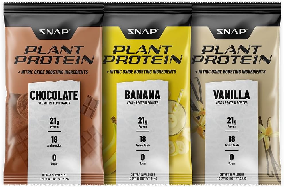 Snap Supplements 100% Plant Based Protein Powder Stick Packs with Nitric Oxide Booster (10 Pack, Variety Pack)