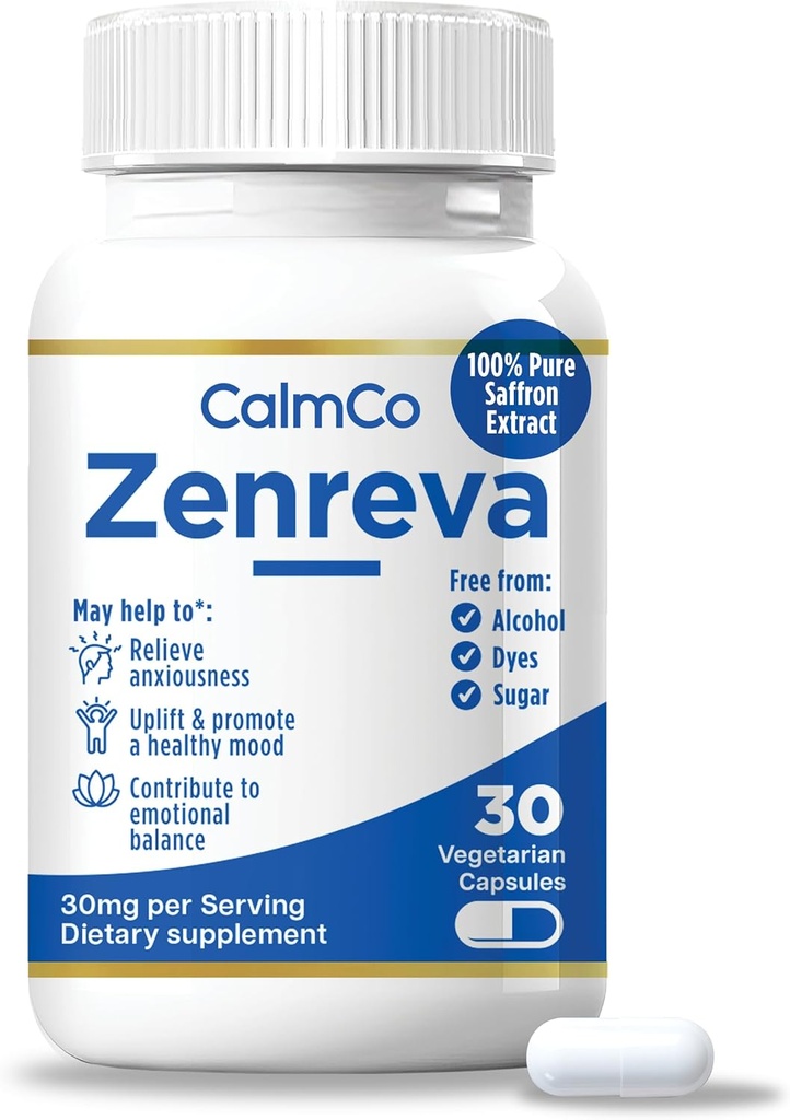 CalmCo Zenreva, Pure Saffron Extract Capsules – Boost Mood, Improve Focus, Reduce Anxiety, Support Emotional Balance & Sleep, Metabolism Booster, Non-GMO Vegan Capsules, 30 Count