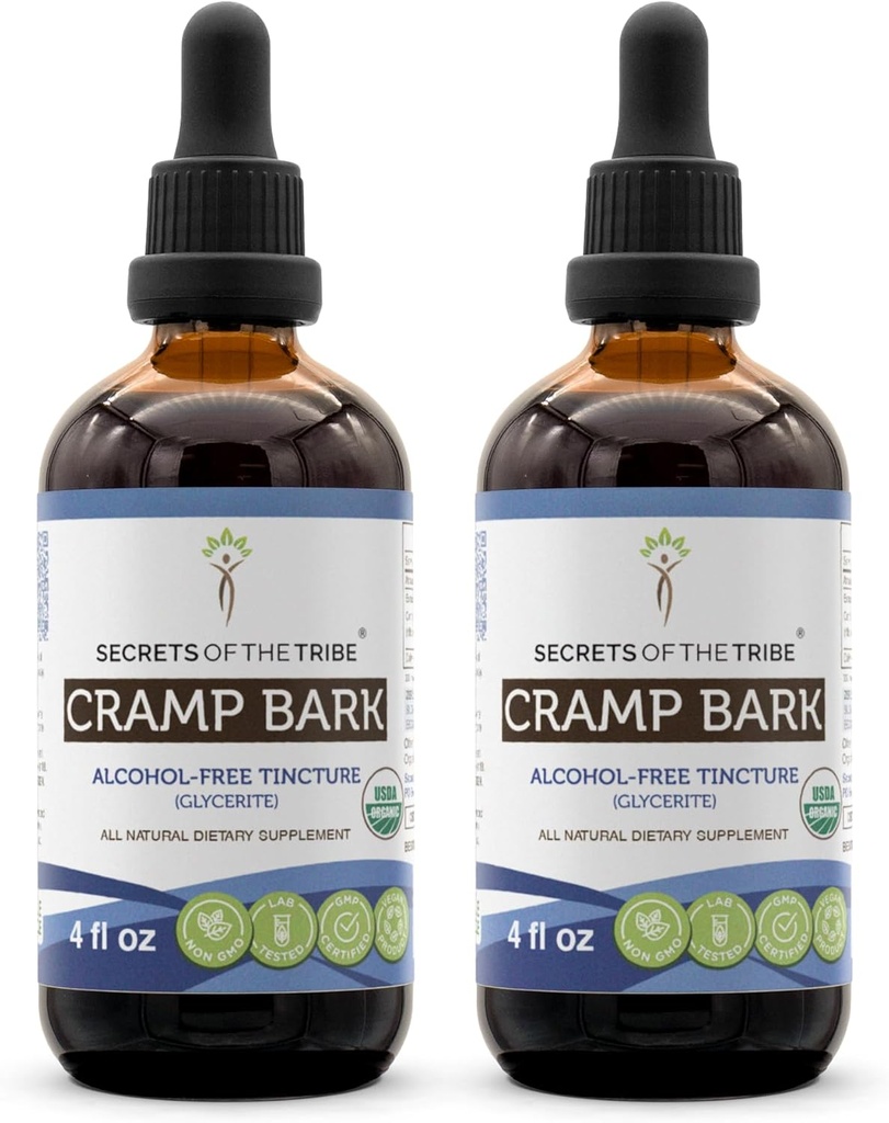 Secrets of the Tribe Cramp Bark USDA Organic | Alcohol-Free Extract, High-Potency Herbal Drops | Made from 100% Certified Organic Cramp Bark (Viburnum Opulus) Dried Bark (2x4 FL Oz)