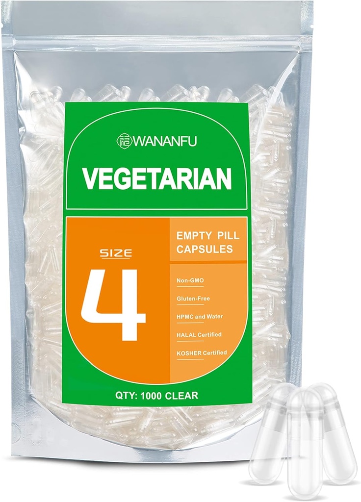 wananfu Size 4 Empty Capsules Vegetarian (1000 Count), Clear Fillable Veggie Pill Capsules Size 4 for Making Your Own Supplements