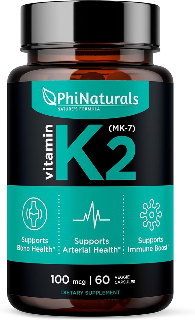 PhiNaturals Vitamin K2 Mk7 100 mcg Vegan 60 Capsules Bone Health Heart Cardiovascular Arteries - VIT k-2 MK-7 100mcg Supplement from Natto