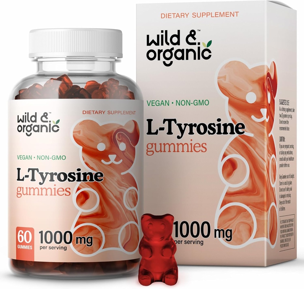 Wild & Organic L Tyrosine 1000mg Gummies - Brain Support Supplement for Focus and Mood - Vegan Focus Gummies w/L-Tyrosine Powder - 60 Non-GMO Chews