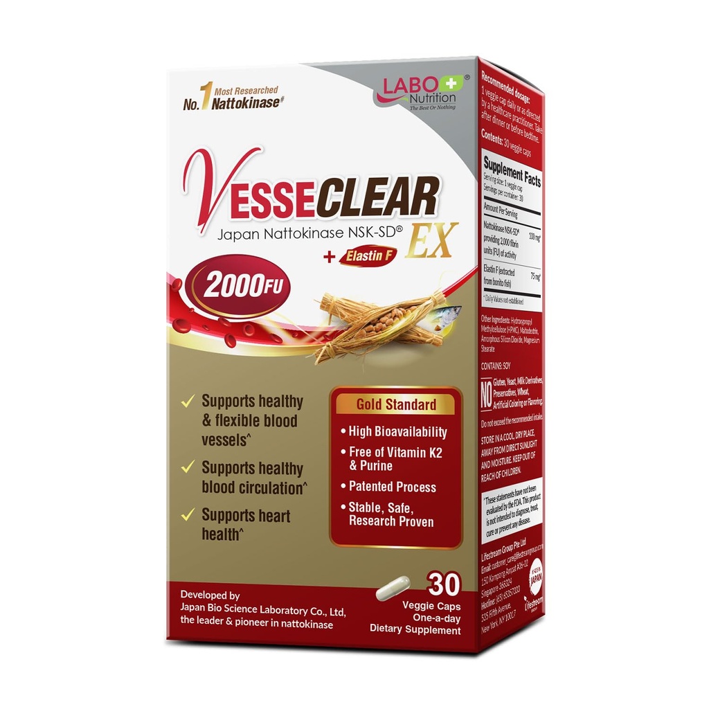 LABO Nutrition VesseCLEAR EX: Nattokinase NSK-SD+Elastin F for Clean & Flexible Blood Vessel. Japan's Most Research Proven, Functional Dose, Acid-Resistant/Delayed Release Capsules