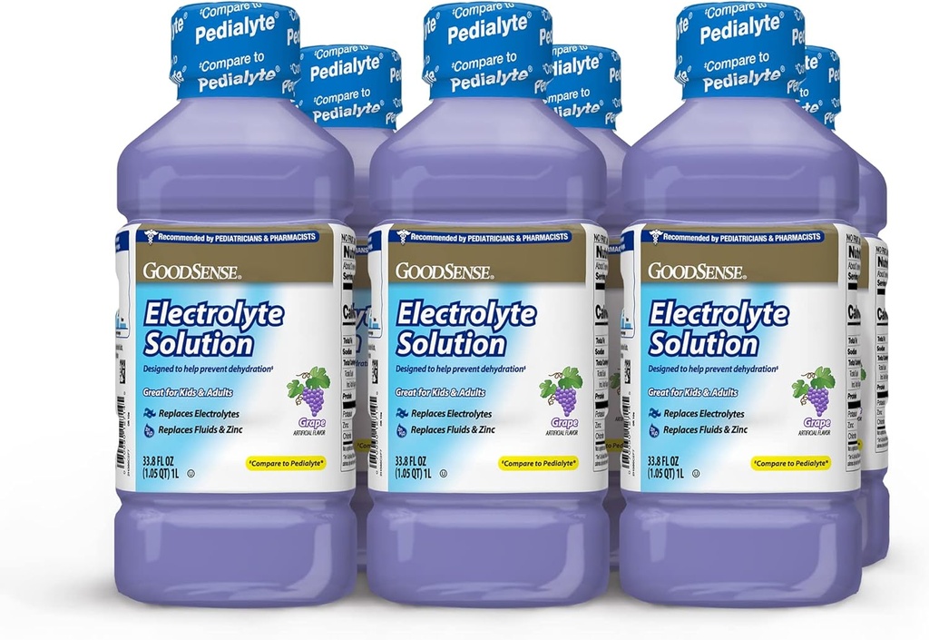 GoodSense Grape Electrolyte Solution - Replaces Electrolytes, Fluids & Zinc for Kids & Adults, Hydration Drink for Dehydration, 33.8 Fluid Ounces (Pack of 6)