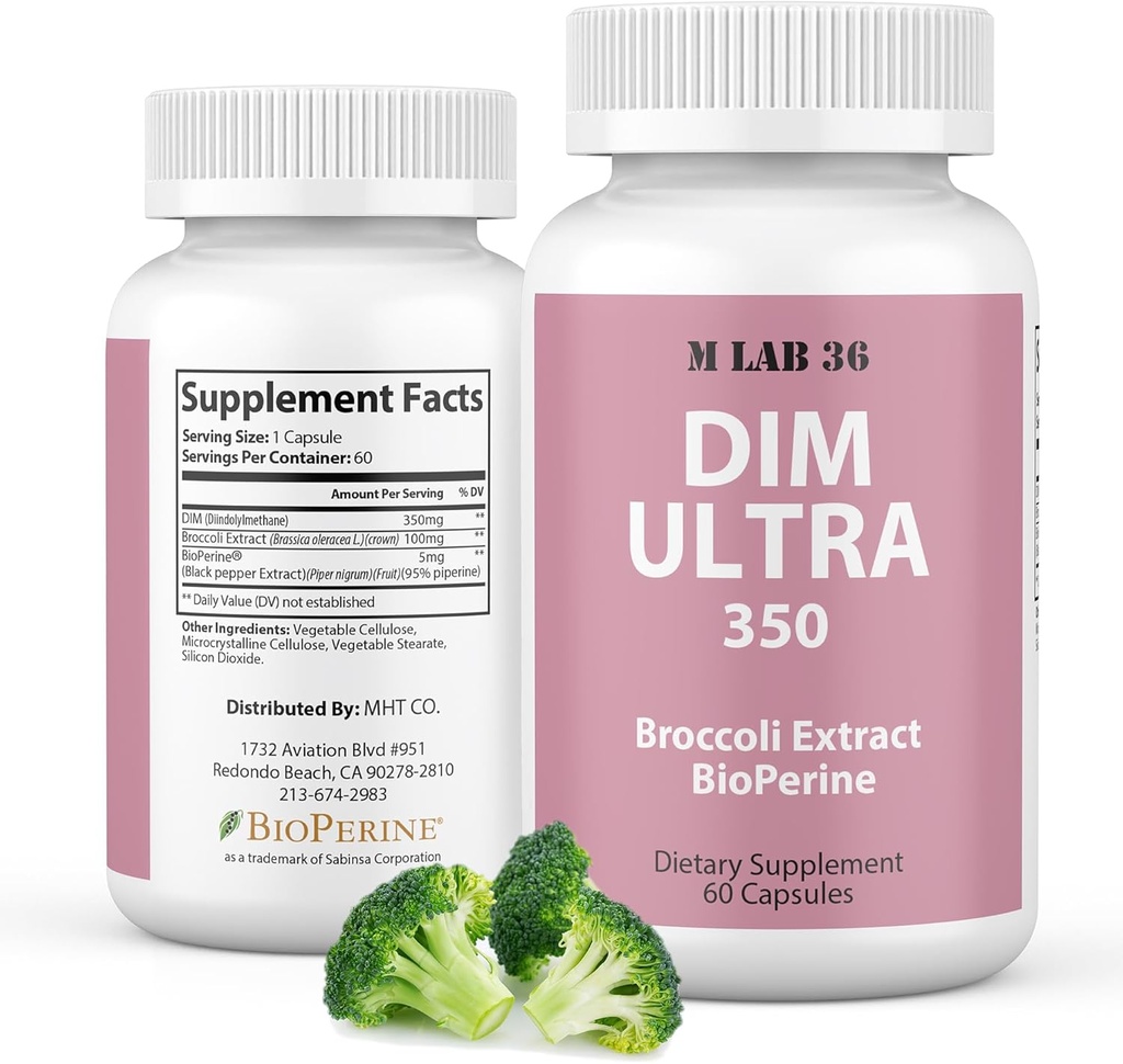MLAB36 DIM Ultra 350 mg with Broccoli Extract & Bioperine - DIM Supplement for Men and Women for Estrogen Metabolism Support & Hormone Balance - Non-GMO & Gluten Free 60 Vegan Capsules - Made in USA