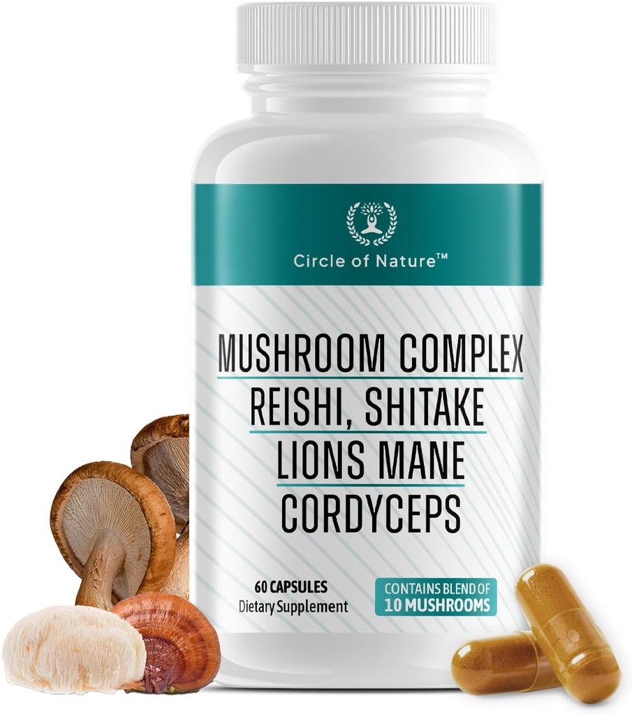 Brain Booster Mushroom Complex Supplement, Natural Mood Uplifter with 10 Function Mushrooms, Lions Mane, Reishi, Cordyceps and 7 More in Capsules 1330mg Made in USA, 60 Capsules