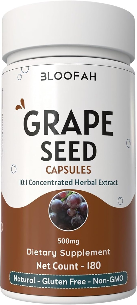Grape Seed Capsules 500mg | Vitis vinifera Concentrated 10:1 Extract Powder | Natural Herbal Supplement, Non-GMO, Gluten-Free Formula (180 Count (Pack of 1)