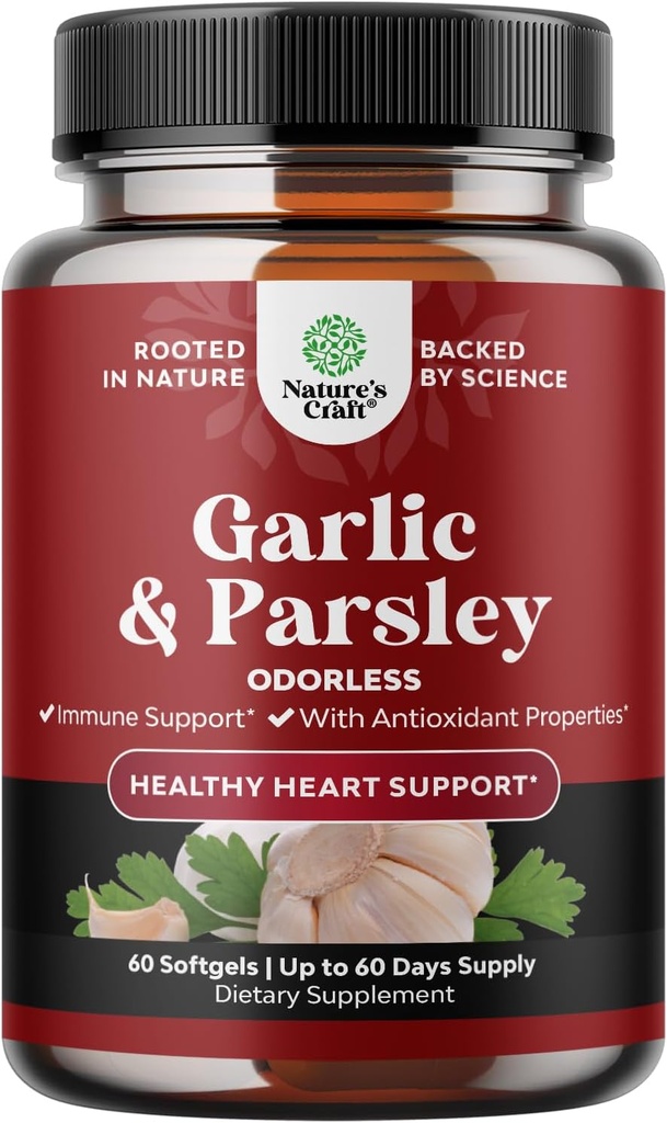 Concentrated Odorless Garlic Softgels - Parsley Extract & Aged Garlic Supplements for Circulatory Health, Digestion, Immune Support & Liver Detox - Parsley Softgels for Gut Support - 60 Ct