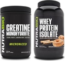 NutraBio Creatine Monohydrate, Unflavored, 500g and Whey Protein Isolate, Cinnamon Sugar Donut, Supplement Bundle - Muscle Energy, Lean Muscle Growth, Recovery, and Strength