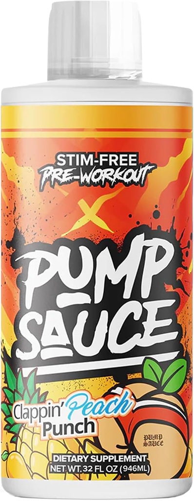 Pump Sauce Pre-Workout - 32 oz, Clappin Peach Punch, No Caffeine, Full Spectrum Liquid, Gluten Free, Vegan, Zero Sugar