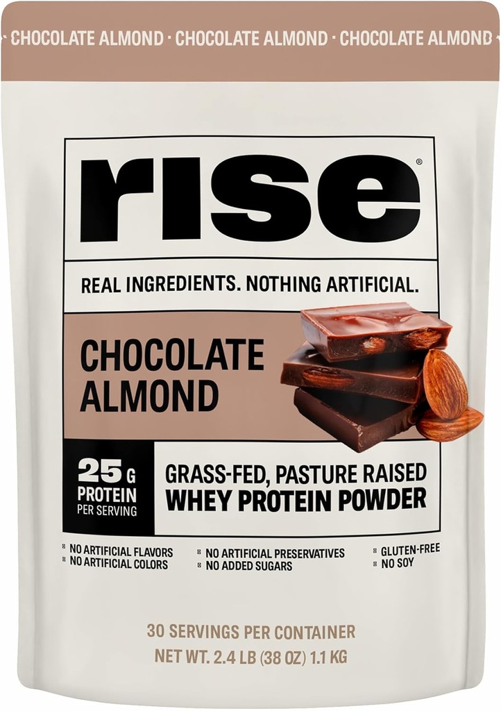 Rise Grass-Fed Whey Protein Powder - Chocolate Almond | 25g Protein No Artificial Flavors, Colors, or Preservatives - Sugar Free, Gluten-Free, Soy Free (2.4 lbs)