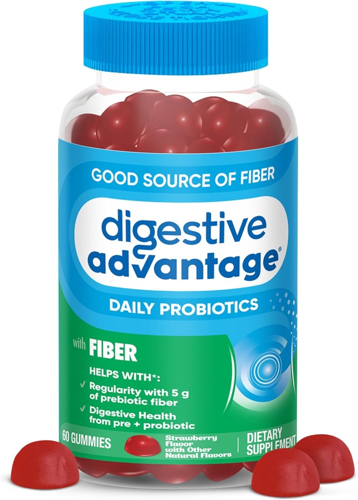 Digestive Advantage Prebiotic Fiber Gummies + Probiotics for Gut Health, 5g Prebiotic Fiber Plus 1 Billion CFU Probiotic, Supports Digestive Health & Regularity, (60ct Bottle) Strawberry Flavor*