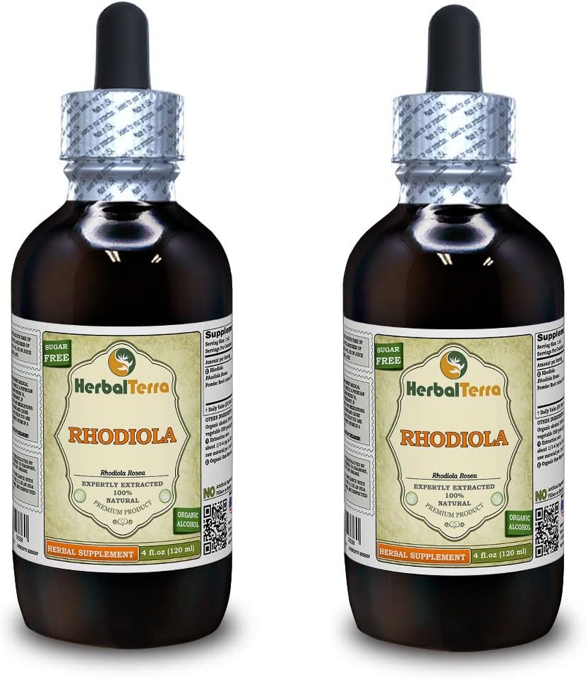 Rhodiola (Rhodiola Rosea) Tincture, Organic Dried Roots Liquid Extract (Brand Name: HerbalTerra, Proudly Made in USA) 2x4 fl.oz (2x120 ml)