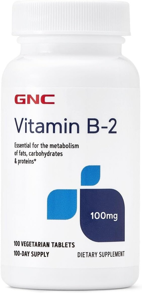 GNC Vitamin B2 100mg Supplement, Essential for Metabolism of Fats, Carbohydrates and Proteins, 100 Servings