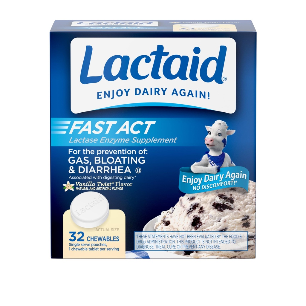 Lactaid Fast Act Lactose Intolerance Relief Chewables with Natural Lactase Enzyme to Prevent Gas, Bloating & Diarrhea Due to Lactose Sensitivity, On-The-Go, Vanilla Twist Flavor, 32 x 1 ct