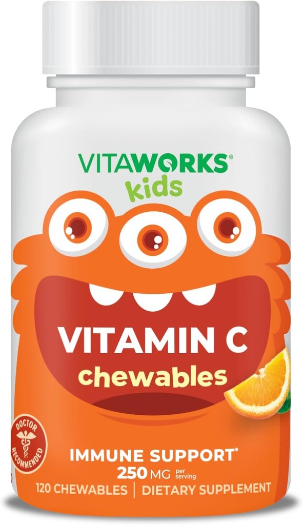 Kids Vitamin C Chewable Tablets 250mg - Vegan, GMO-Free, Gluten Free, Nut Free Vitamins - Dietary Supplement for Immune Support - for Children - 120 Chewables