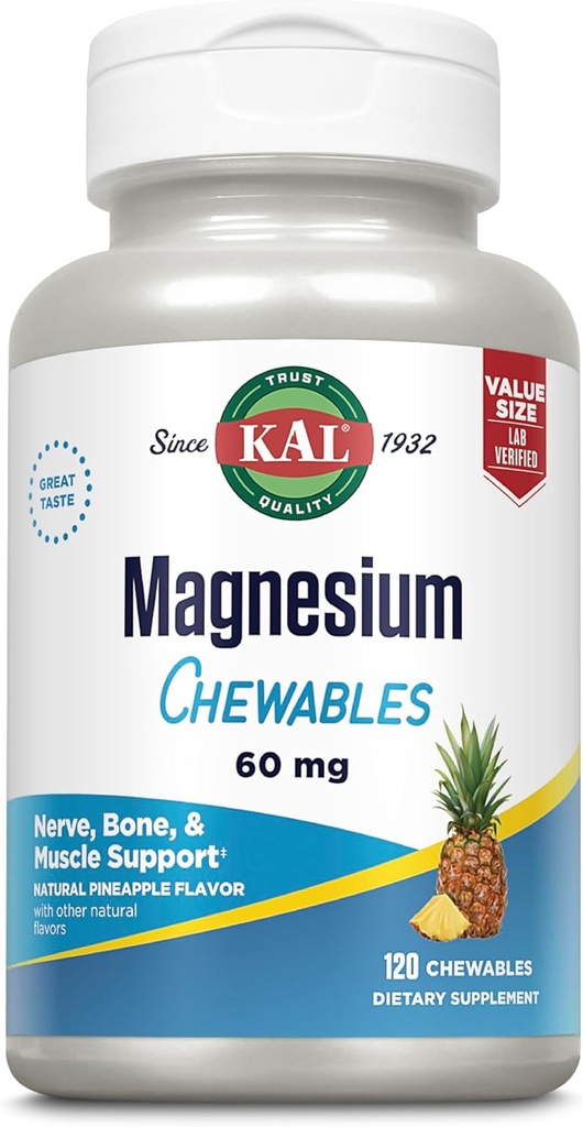 KAL Magnesium Chewables - Magnesium Citrate for Nerve, Muscle, and Bone Support - No Added Sugar, Vegan Magnesium Supplement - 60-Day Guarantee - Pineapple Flavor - 120 Servings, 120 Chewable Tablets