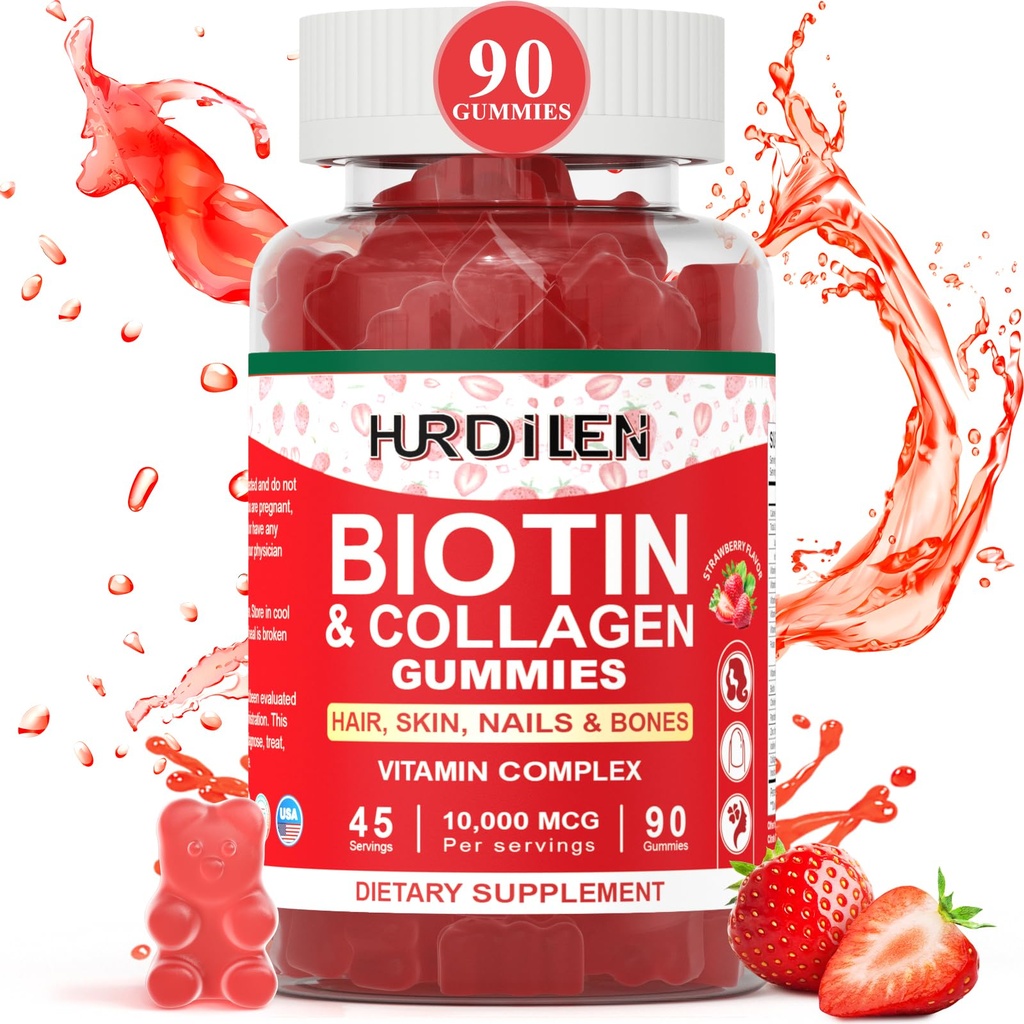 Hair Skin and Nails Gummies, 10000mcg Biotin Collagen Gummies for Women & Men, Vitamin Supplements Supports Faster Hair Growth, Stronger Nails, Healthy Skin, Strength Bone, 90 Gummies