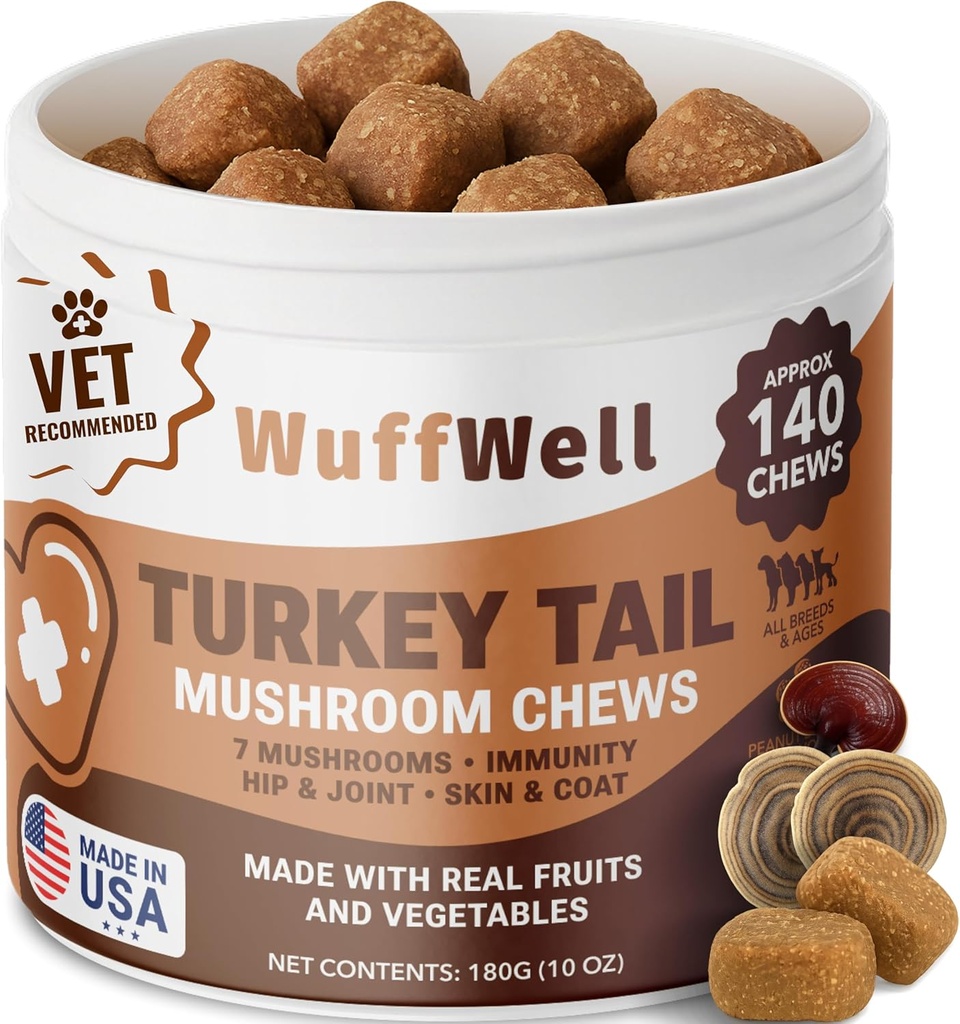 WuffWell Turkey Tail Mushrooms for Dogs – Mushroom Supplement for Dogs Immune Support – Aids Lumps & Bumps – Mushroom Powder for Dog – Vet-Recommended – Dog Mushrooms Powder – Made in USA
