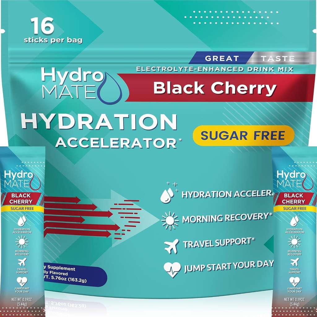 Electrolyte Powder Sugar-Free Hydration Packets Black Cherry HydroMATE 16 Sticks