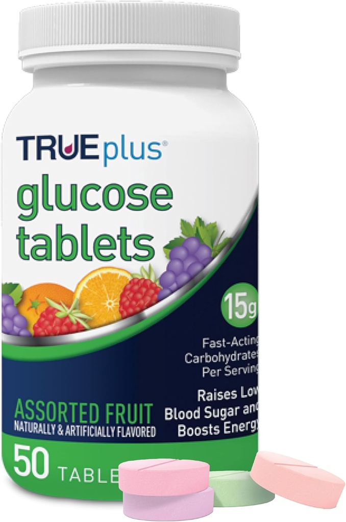 TRUEplus® Glucose Tablets, Assorted Flavor (Grape, Raspberry, Orange) - 50ct Bottle (1)