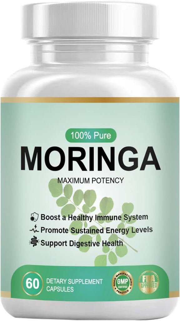 Pure Organic Moringa Powder Capsules - Moringa Supplement for Women and Men - Nature's Multivitamin, Vegan Green, Gluten-Free, Non GMO - Energy, Skin, Metabolism, Gut & Immune Support - 60 Capsules