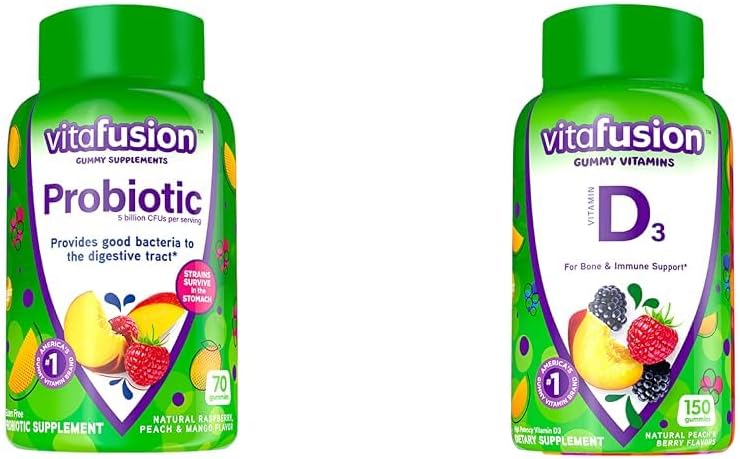 Vitafusion Probiotic Gummy Supplements, Raspberry, Peach and Mango Flavors & Vitamin D3 Gummy Vitamins for Bone and Immune System Support