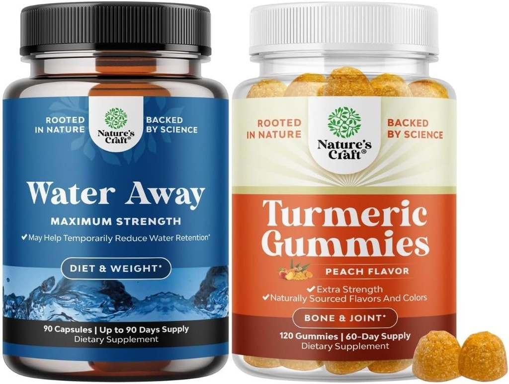 Bundle of Water Away Fluid Retention with Dandelion Leaf Extract & Green Tea for Bloating Relief and Turmeric Gummies for Adults Peach Flavor - Turmeric Curcumin with Black Pepper Extract and Ginger