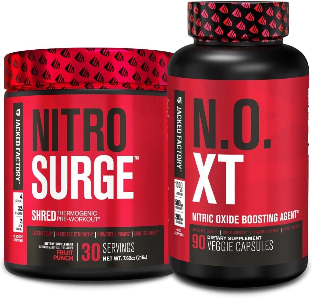 Jacked Factory Nitrosurge Shred Thermogenic Pre-Workout in Fruit Punch & N.O. XT Nitric Oxide Booster for Men & Women