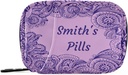 Custom Pill Box 7 Day Pill Case Bag Purple Floral Paisley Personalized Name Travel Pill Organizer Bag with Zipper Portable Weekly Case Compact Size for Vitamin Supplement Holder
