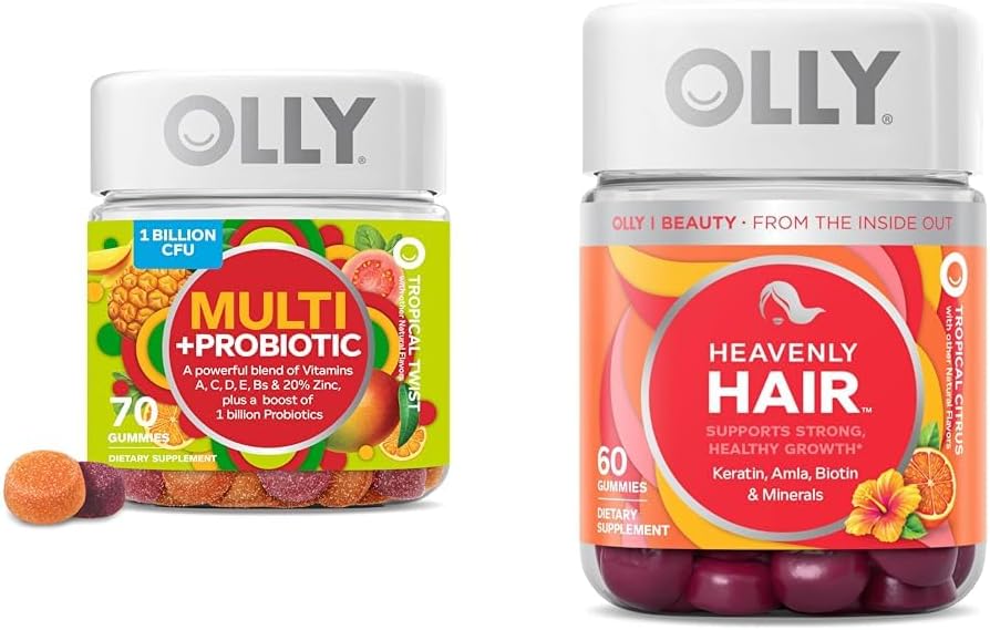 OLLY Multi + Probiotic Adult Multivitamin Gummy, 1 Billion CFUs, Digestive and Immune Support & Heavenly Hair Gummy, Supports Healthy Hair, Keratin, Biotin, AMLA, Chewable Supplement, 30 Day