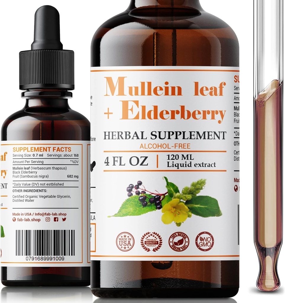 FabLab Mullein Leaf Extract with Elderberry 4 Fl Oz - Made in USA - Drops for Better Lung - Mullein Tincture for Lung Detox - Bronchial Cleanse for Smokers - Respiratory Herbal Supplement