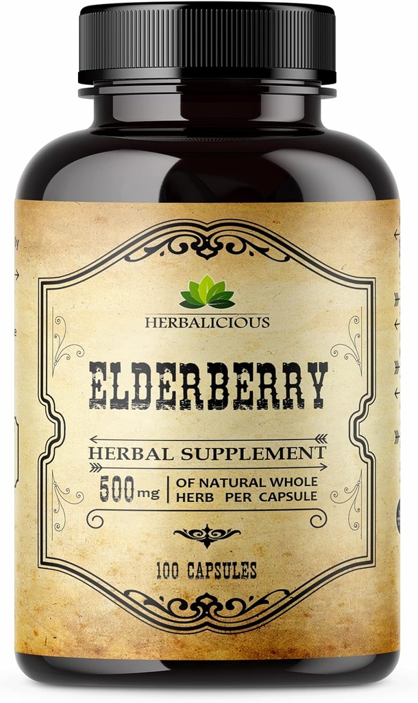Elderberry Capsules – Natural Black Elderberry Herbal Supplement – Immune Boosters for Adults, Digestive Support, Antioxidants & Vitamin C – Fiber-Rich, Non-GMO – 100 Capsules for Men & Women