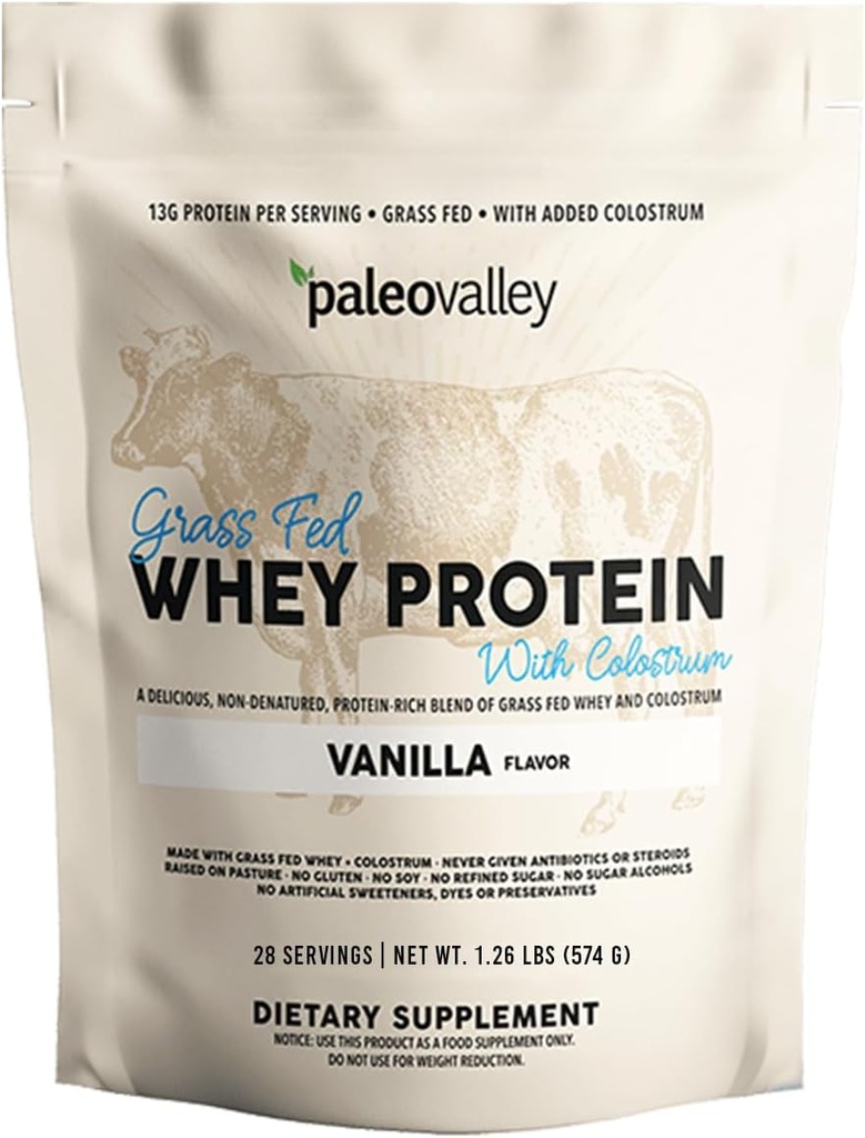 Paleovalley 100% Grassfed Whey Protein Powder with Colostrum, 13g Protein, Vanilla, Muscle Building, Immune Support, Gut Health