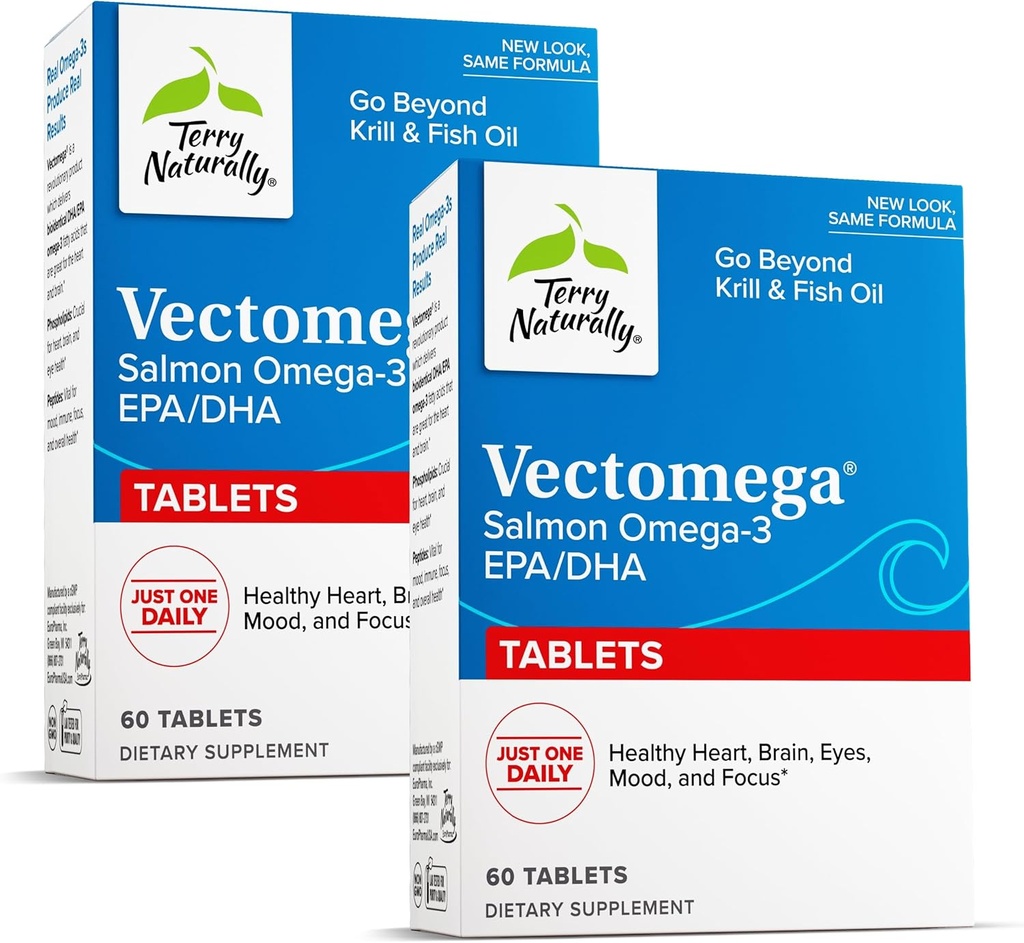 Terry Naturally Vectomega - Supplement with EPA & DHA - Omega-3 Tablets for Brain & Heart Health Support - Nutritional Supplement with Essential Fatty Acids & Peptides - 60 Tablets (Pack of 2)