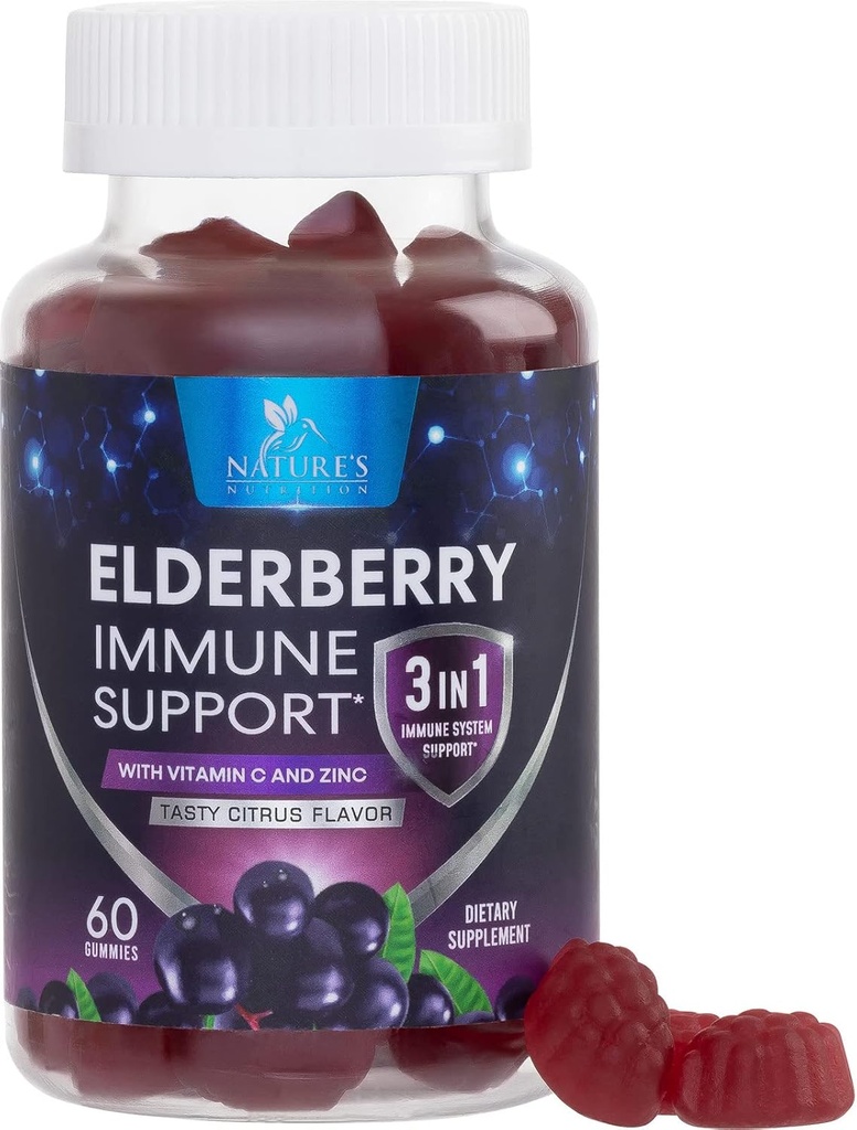 Elderberry Gummies with Vitamin C, D3 and Zinc - Immune Support Gummy for Kids & Adults, Black Elderberry Extract Gummy Immune Health Support Supplement, Black Elder Berry Vitamin - 60 Gummies
