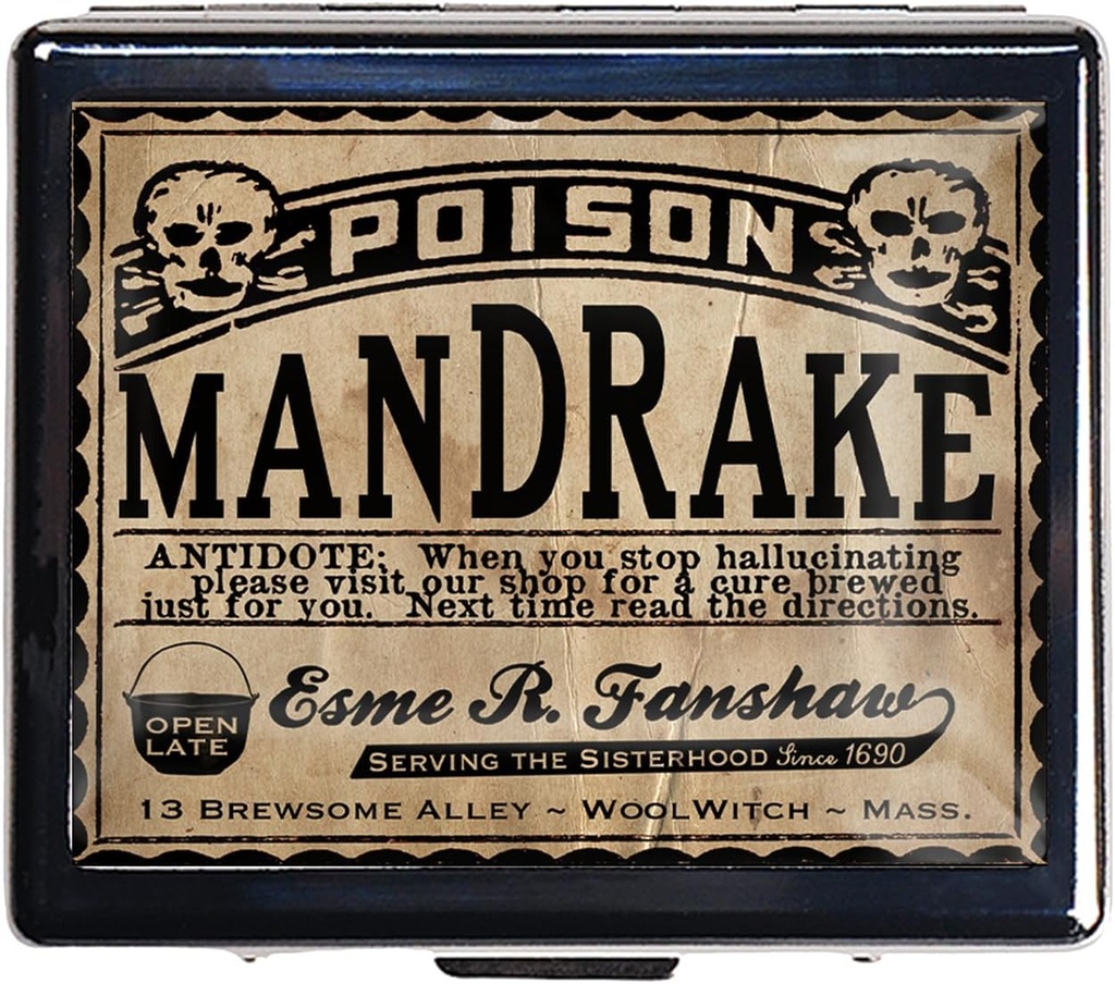 Silver Vintage Pill Box 7 Day Metal Pill Box with Mirror and 8 Compartments Cute Travel Pill Organizer for Purse (Poison Mandrake)