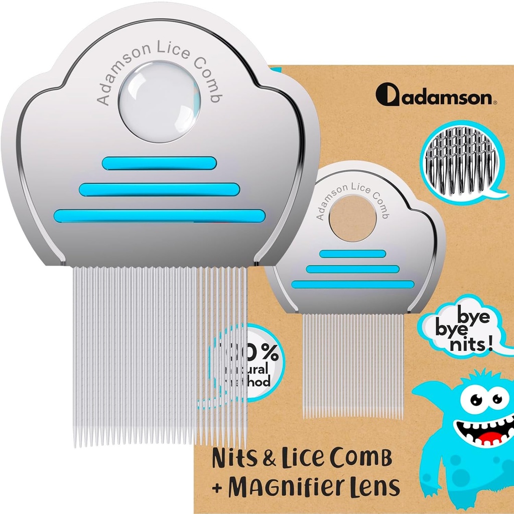 Adamson Lice Comb - Stainless Steel Lice Comb for Kids - Effective Nit Comb - Lice Combs for Thick Hair - Durable and Easy to Clean - Peine para Piojos y Liendres para Niñas